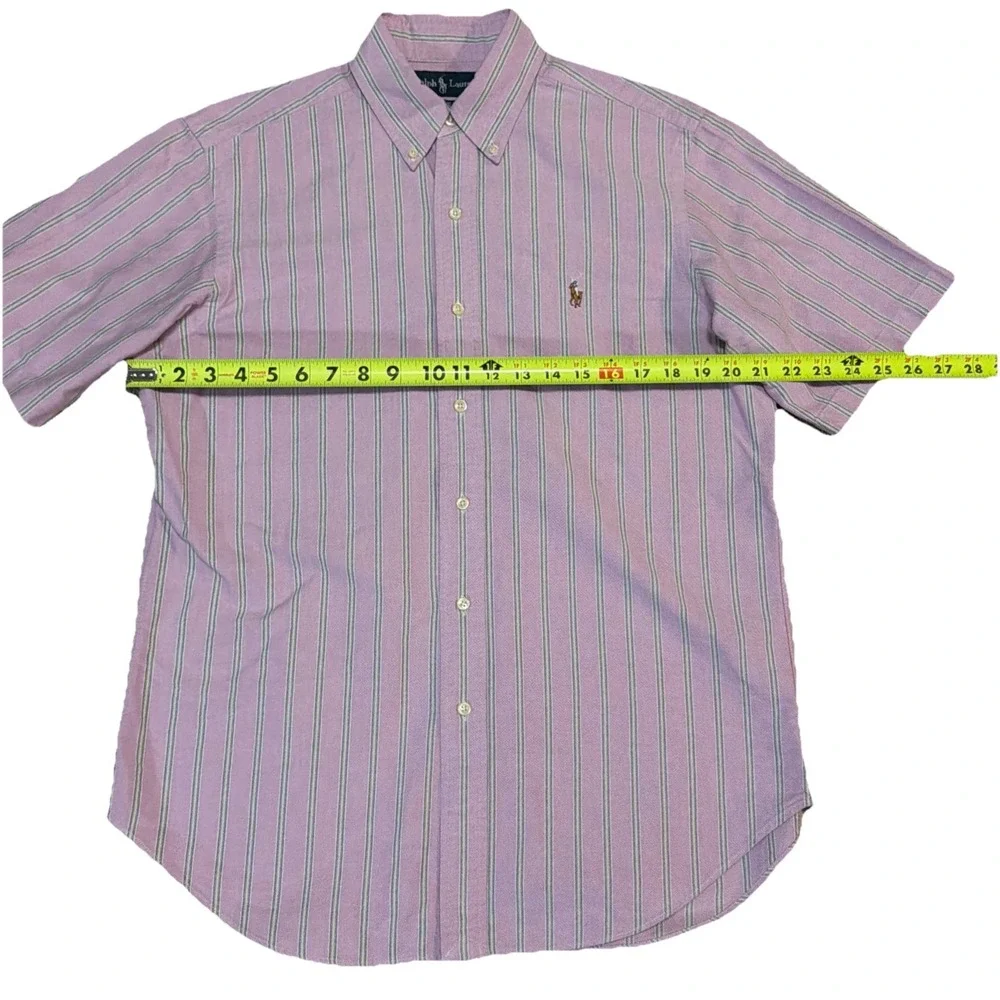 Polo‎ Ralph Lauren 100% Cotton Button Up Short Sleeve Shirt Pink Green Stripes M